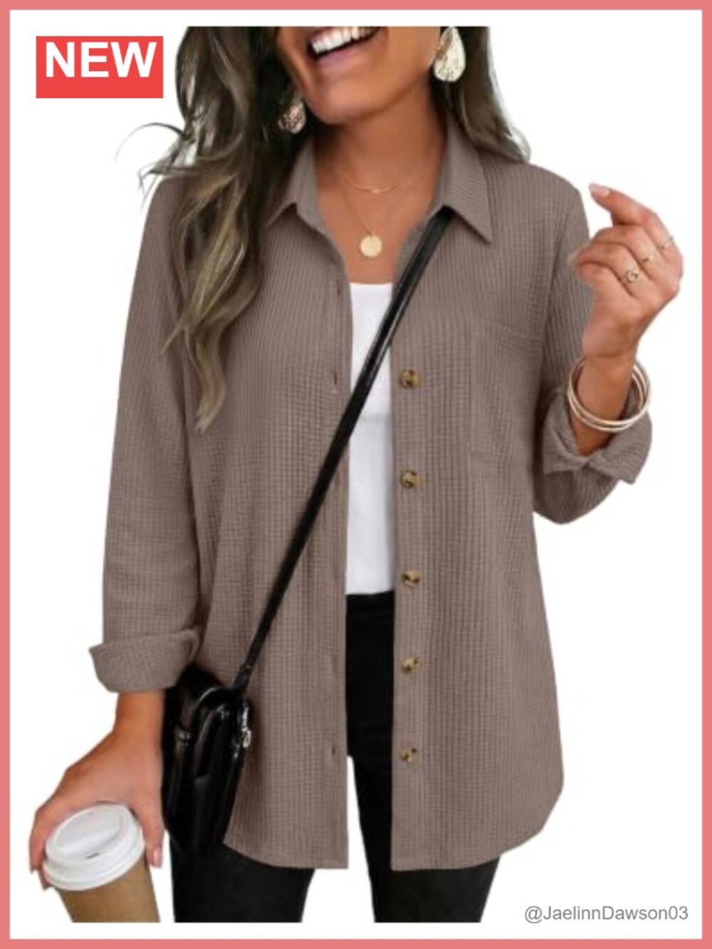 Waffle Knit Button Down Shacket Long Sleeve Top with Pocket